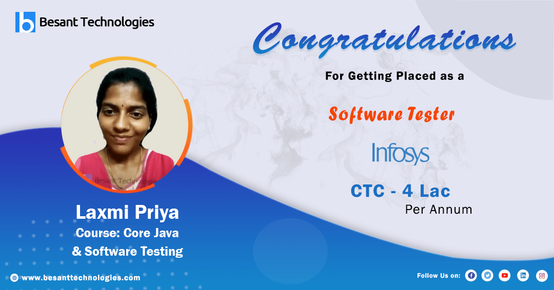 Besant Technologies Placement Review | Laxmi Priya Got Placed as Software Tester in Infosys